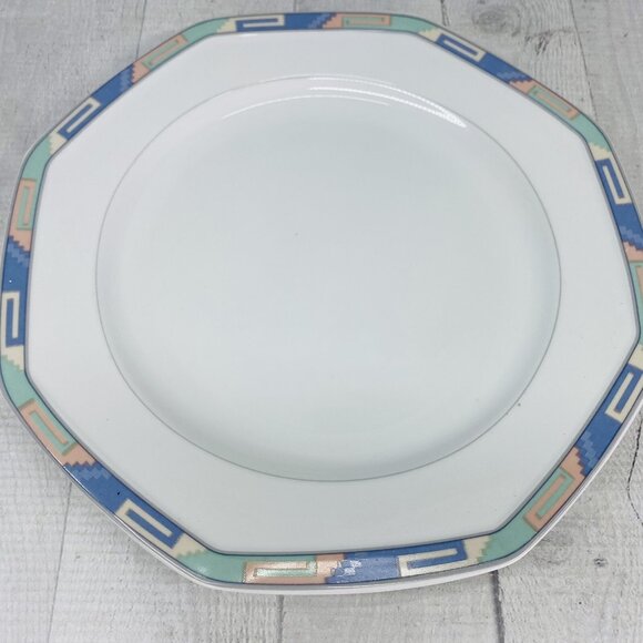 Christopher Stuart SOUTHWEST Green Blue Coral Rim White China Dinner Plate Set 4 - Picture 4 of 16